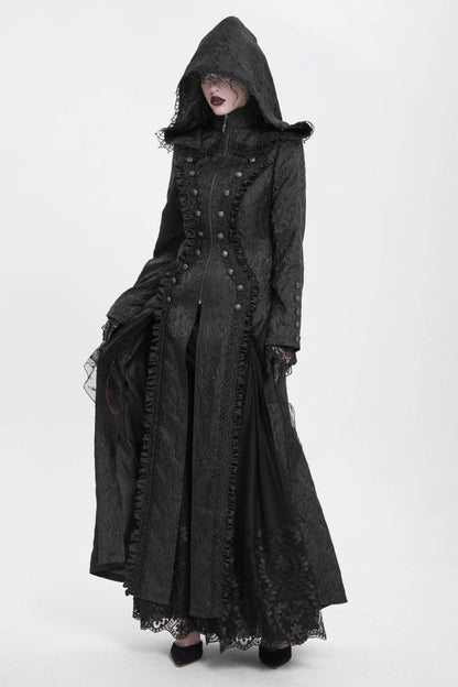 Black Stand Collar Long Sleeves Ruffle Hooded Women's Gothic Long Coat