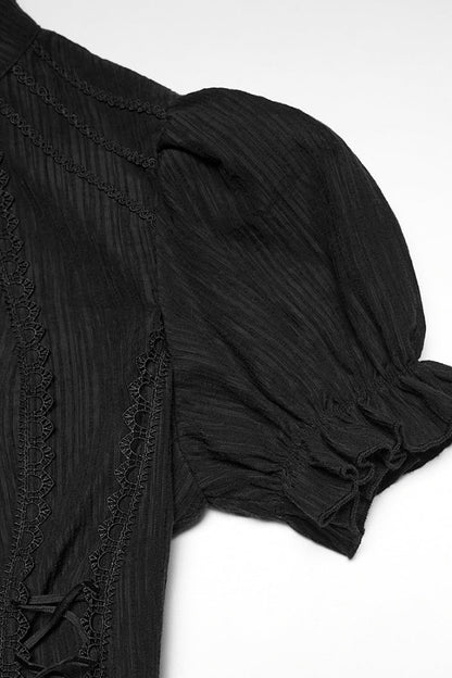 Black Stand Collar Short Puff Sleeves Ruffled Lace-Up Women's Gothic Blouse