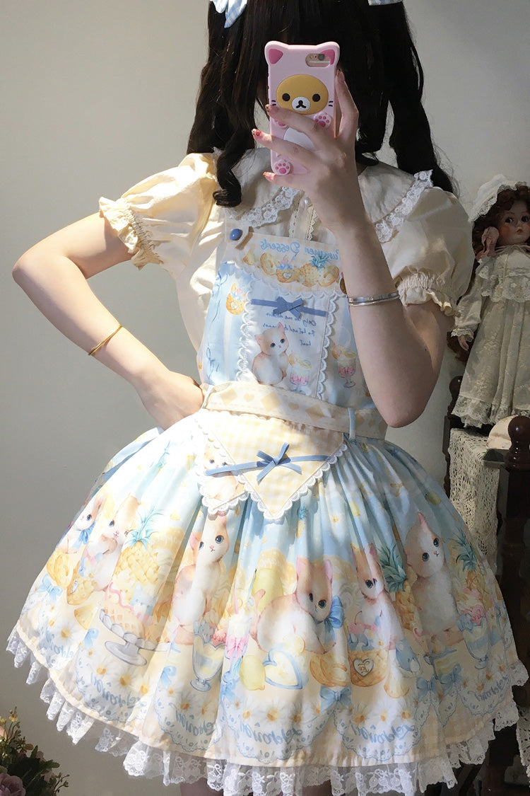 Blue [Pineapple Cat] Print Sleeveless Bowknot Lace Sweet Lolita Strap Dress