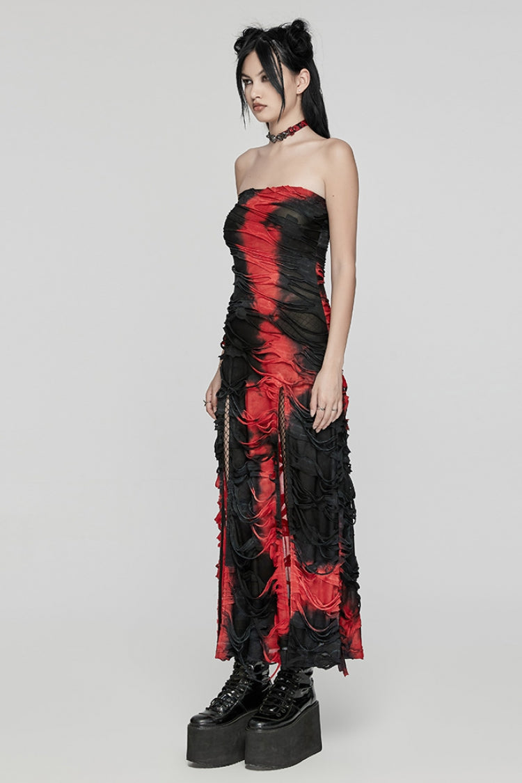 Black/Red Contrast Color Print Ripped Women's Gothic Dress