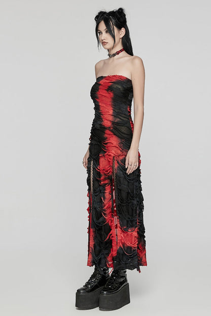 Black/Red Contrast Color Print Ripped Women's Gothic Dress