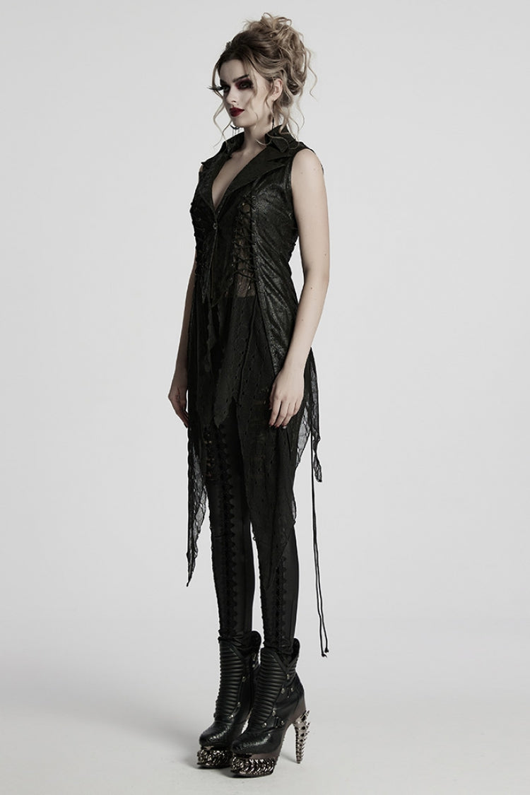 Black V Collar Sleeveless Stitching Lace-Up Irregular Mesh Women's Gothic Long Vest