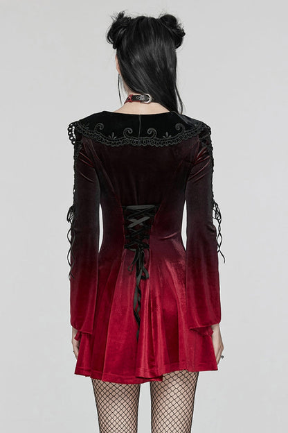Black/Red Doll Collar Long Sleeves Gradient Embroidery Women's Gothic Prom Dress
