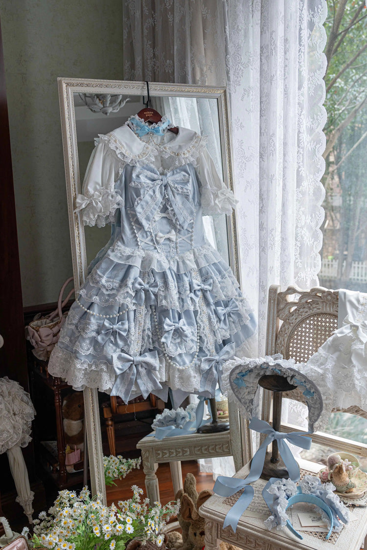 Blue [Small Cakes] Sleeveless Multi-Layered Ruffle Bowknot Lace Sweet Lolita Jsk Dress