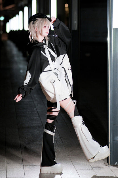 Black/White [Zero-Type Transformation] Techwear Long Sleeves Embroidered Hooded Punk Jirai Kei Shorts Coat Set