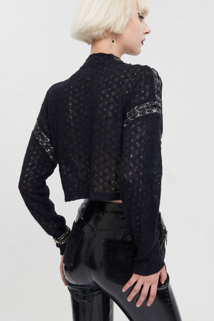 Black Wool Dropped Shoulders Perforated Sleeves Strap Connection Neck Zipper Loose Long Sleeve Women's Punk Sweater