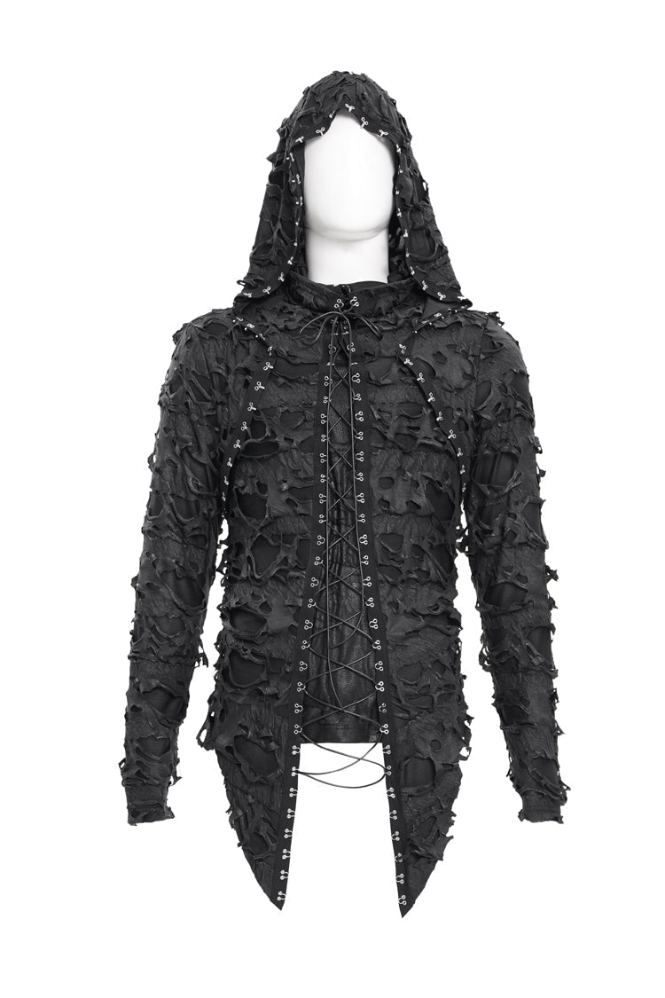 Black Studs Long Sleeves Lace-Up Ripped Men's Gothic Hooded Coat