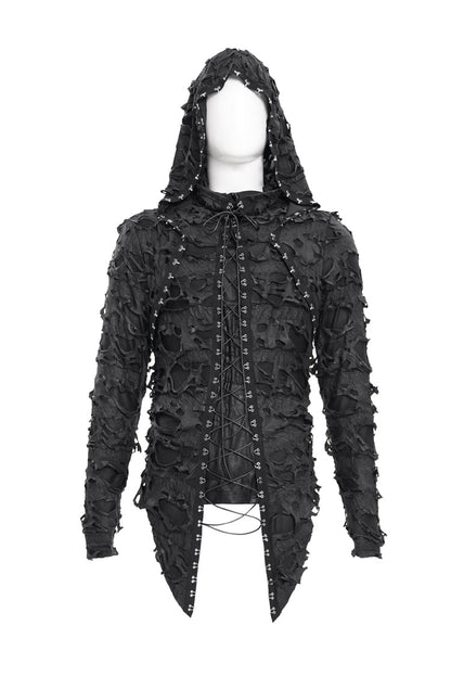 Black Studs Long Sleeves Lace-Up Ripped Men's Gothic Hooded Coat