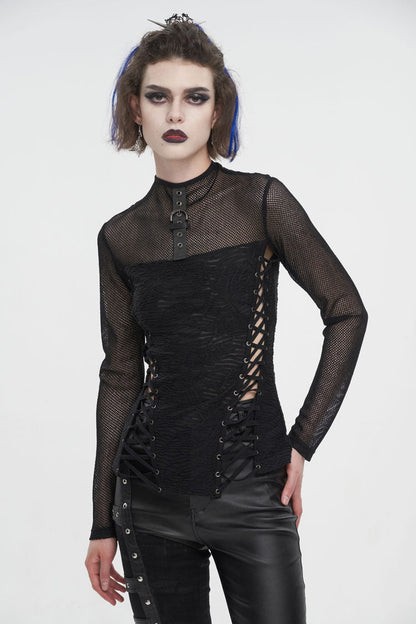 Black Strappy Mesh Splice Ruched Women's Punk Shirt