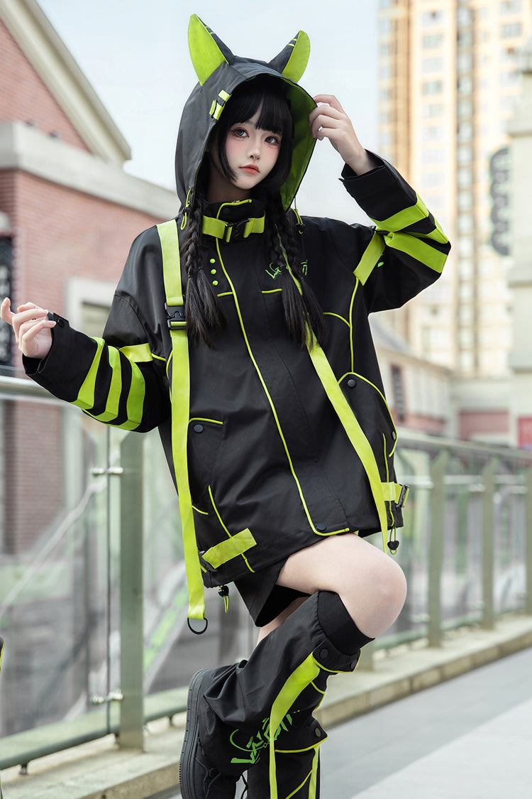 Yellow/Green/Black Long Sleeves Print Cat Ears Hooded Jirai Kei Handsome Coat