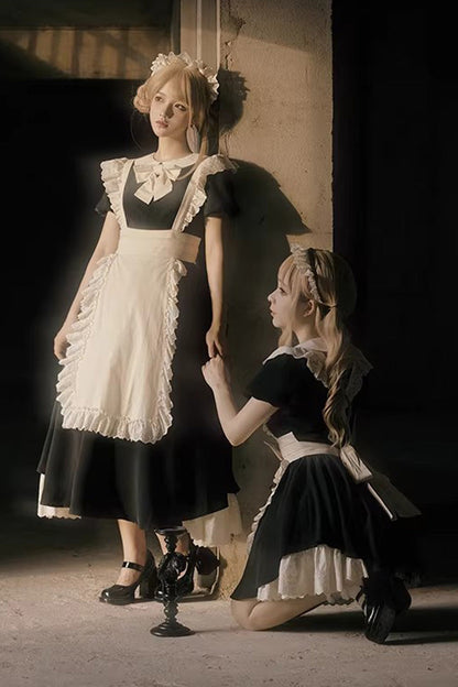 Black/White Round Collar Short Sleeves Ruffled Bow Sweet Elegant Lolita Maid Dress 2 Versions