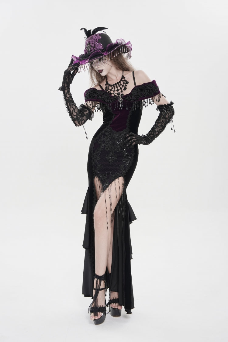 Black/Purple Off Shoulder Sleeveless Embroidered Lace Slim Women's Gothic Gorgeous Strapless Dress