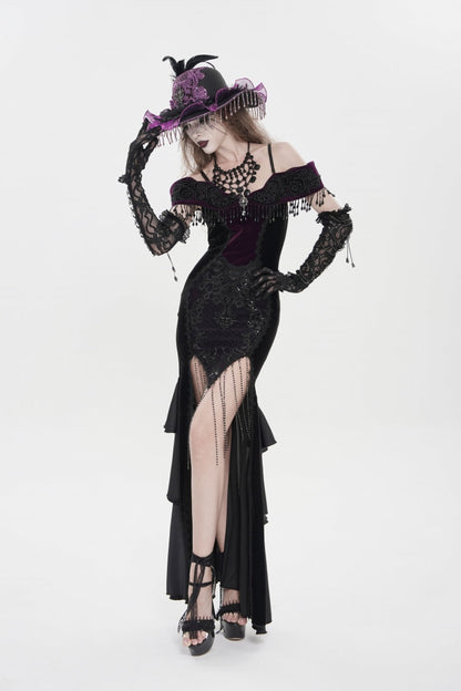 Black/Purple Off Shoulder Sleeveless Embroidered Lace Slim Women's Gothic Gorgeous Strapless Dress