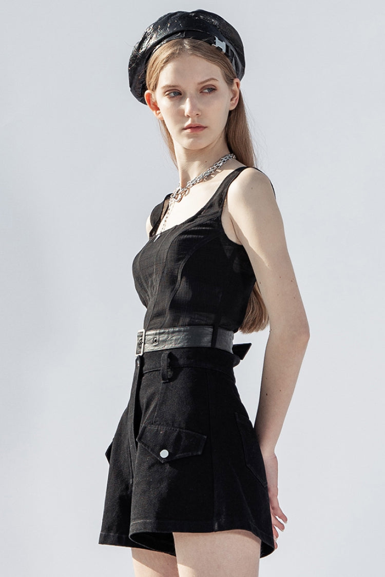 Black Square Collar Belt Rectangle Buckle Women's Punk Vest