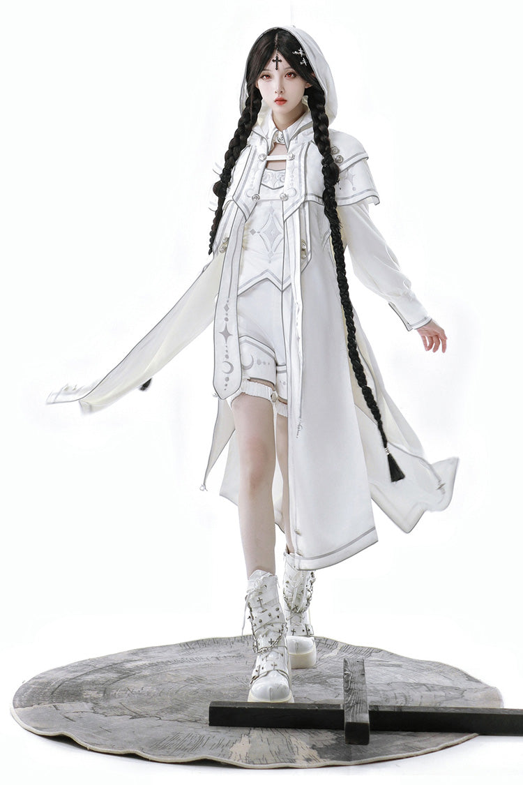 White Bionic Dimension Futuristic Mechanical Style Print Ouji Fashion Lolita Set (Including Top, Cape & Shorts)