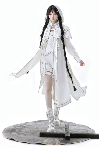 White Bionic Dimension Futuristic Mechanical Style Print Ouji Fashion Lolita Set (Including Top, Cape & Shorts)