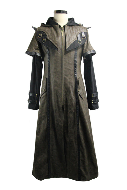 Double Sleeves Steampunk Brown Leather Hooded Mens Long Coat