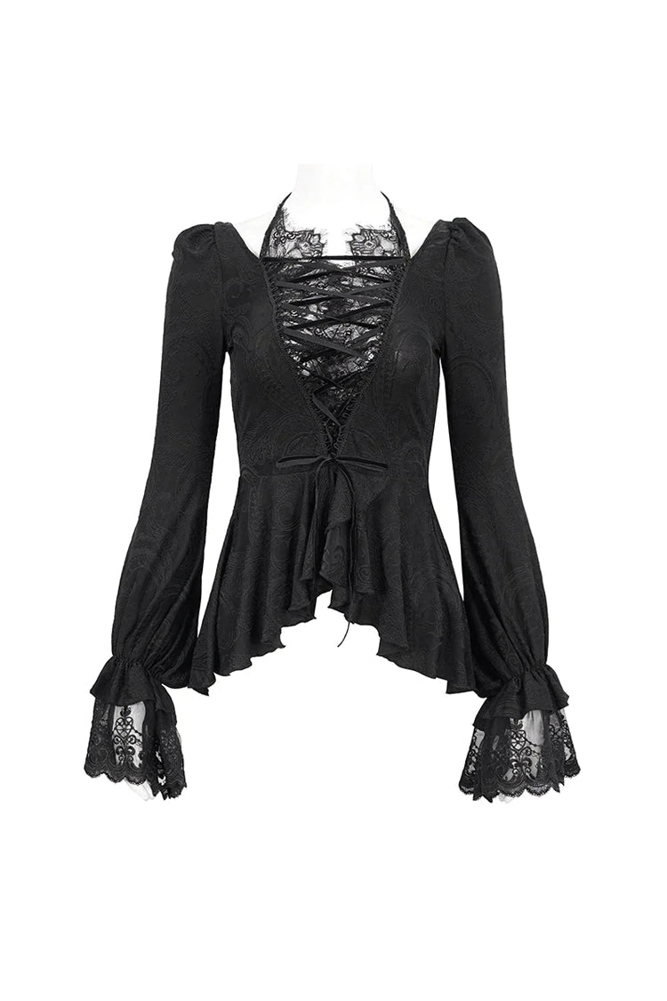 Black Ruffled Lace Splice Women's Gothic Shirt