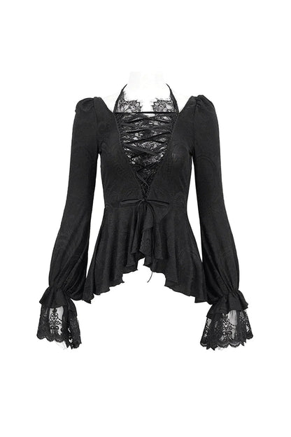 Black Ruffled Lace Splice Women's Gothic Shirt