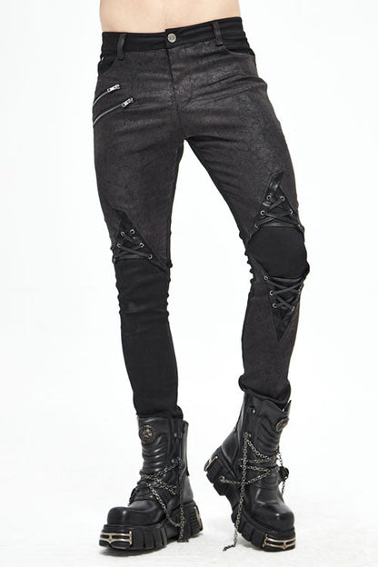 Black Punk Glued Fake Two Pieces Mens Pants