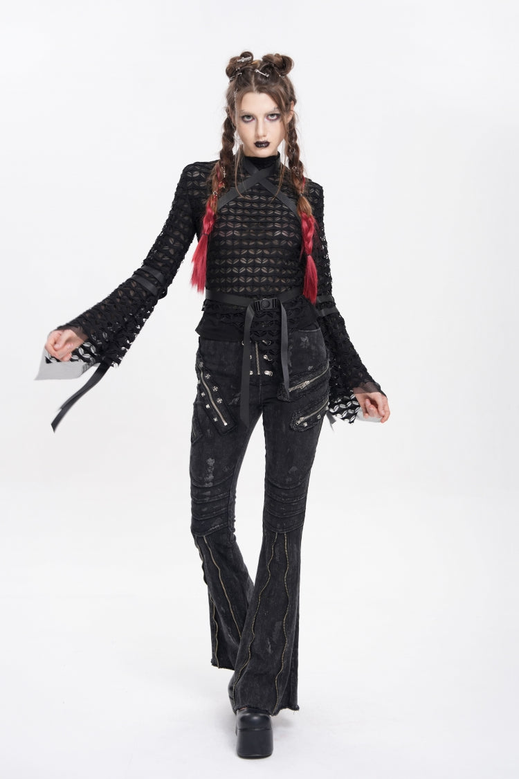 Black Stand Collar Long Sleeves Mesh Buckle Straps Women's Punk Blouse