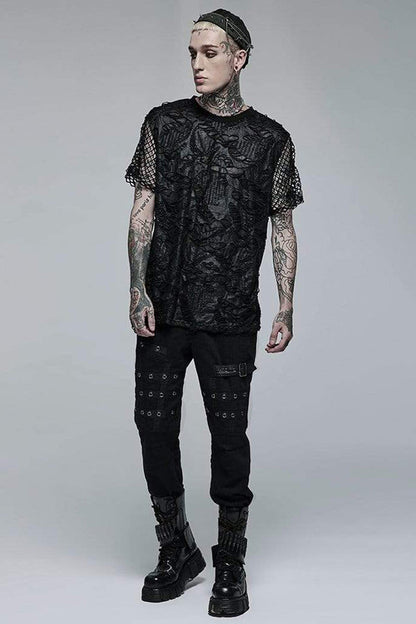 Black Punk Irregular Ripped Mesh Stitching Stretch Loose Knit Short Sleeved Men's T-Shirt