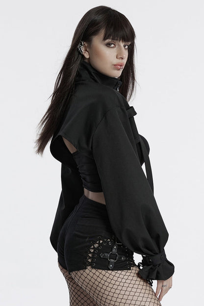 Black Stand Collar Long Sleeves Straps Women's Punk Cape