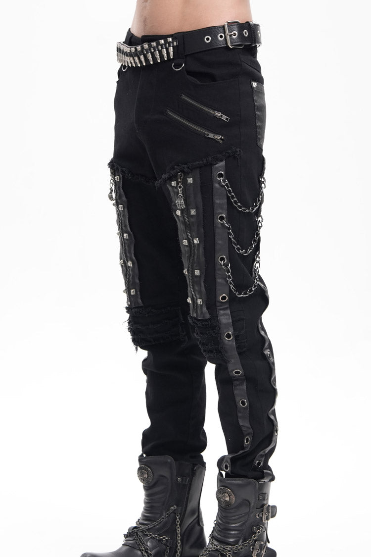 Black Stitching Eyelets Chains Studs Men's Gothic Pants