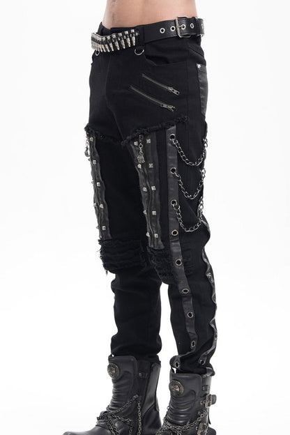 Black Stitching Eyelets Chains Studs Men's Gothic Pants