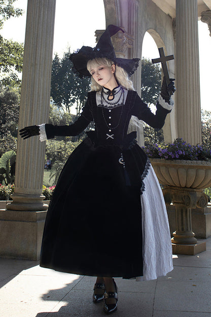 Black Witch Long Sleeves Ruffle Bowknot Stitching Lace Gothic Lolita Long Dress