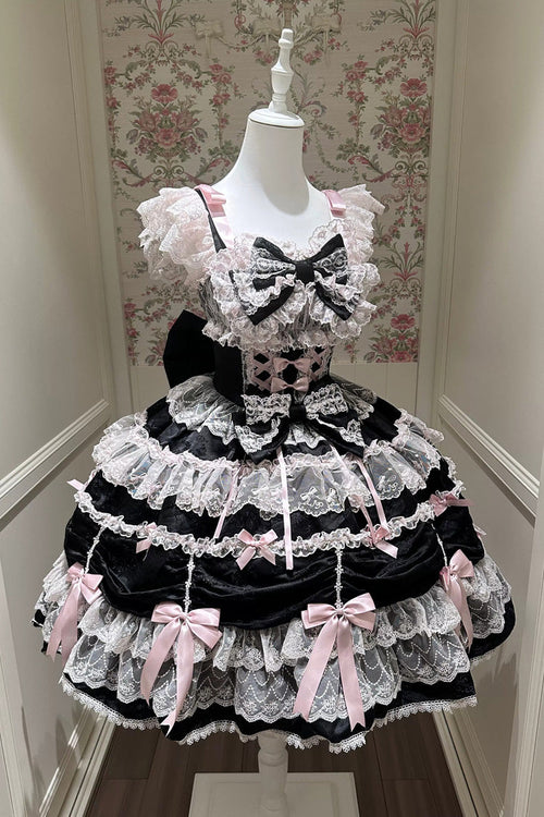 Black/Pink [Silk Satin Gift Box] Square Collar Sleeveless Multi-Layered Ruffled Bow Lace Sweet Lolita Jsk Dress