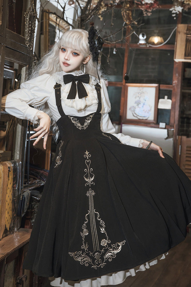 Black/White [Violin Variations] Ruffled Embroidered Gothic Lolita Jumper Dress Set