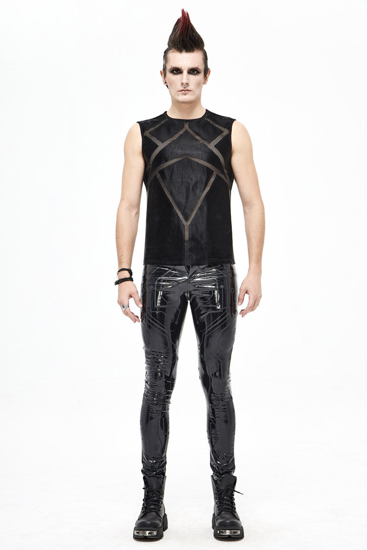 Black Shiny Knits Splice Armor Modeling Mesh Men's Punk Vest