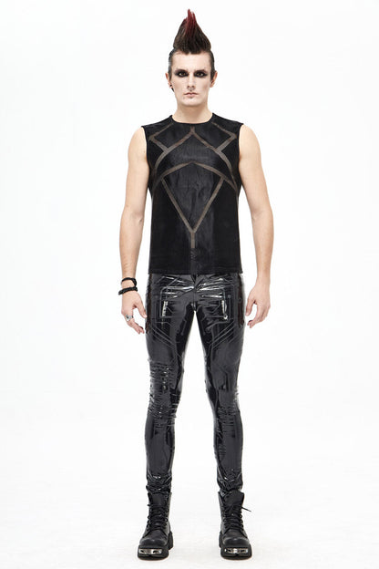 Black Shiny Knits Splice Armor Modeling Mesh Men's Punk Vest