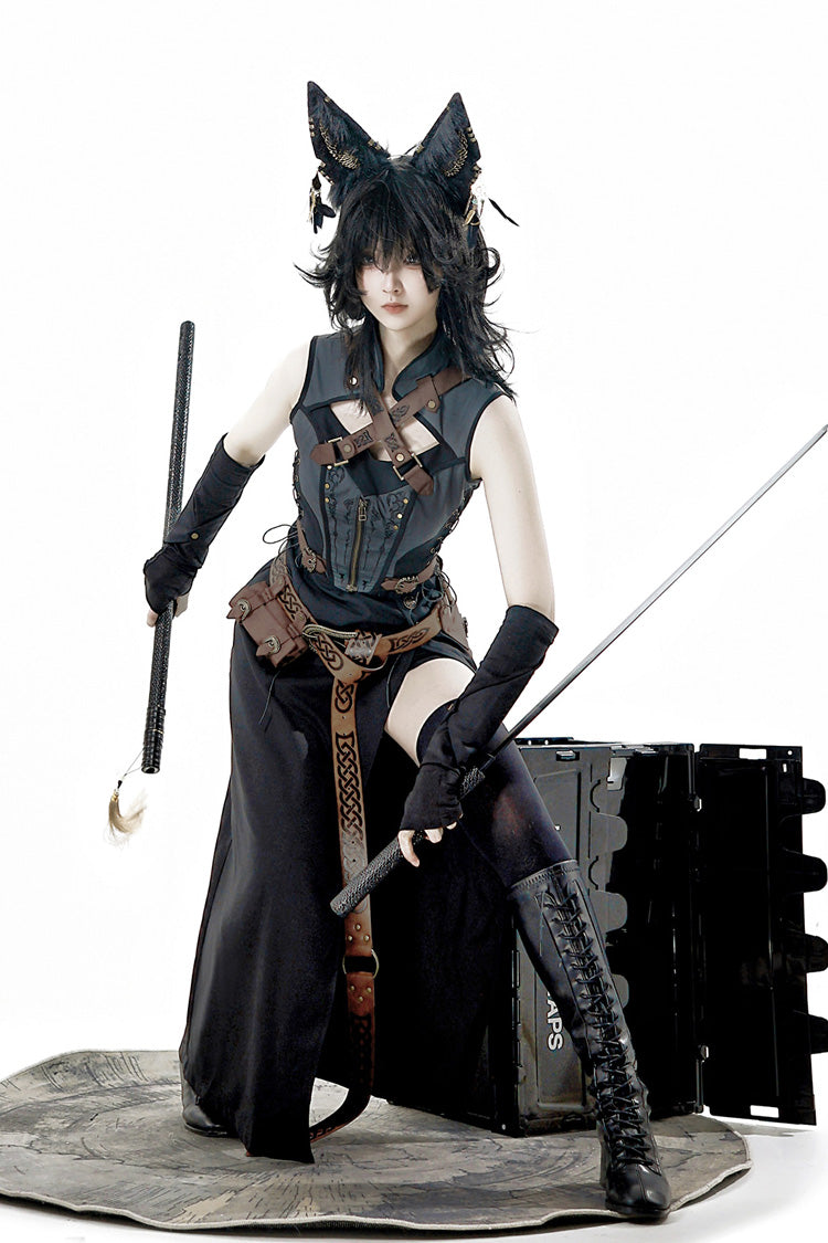 Black/Grey [Phantom of the Night] Sleeveless Lace-Up Fashion Gothic Punk Lolita Dress