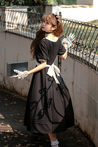 Black [Random Thoughts] Square Collar Short Sleeves Ruffle Classic Vintage Elegant Lolita Dress