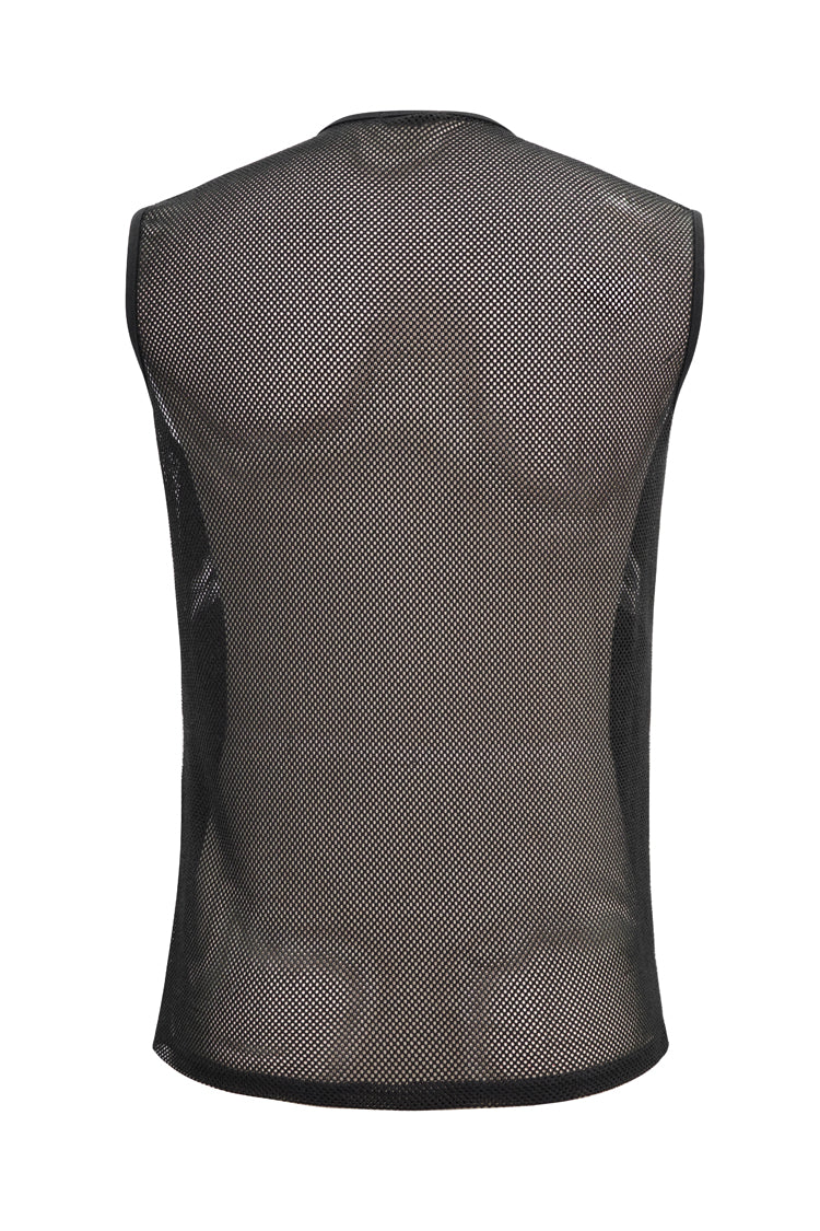 Black Shiny Knits Splice Armor Modeling Mesh Men's Punk Vest