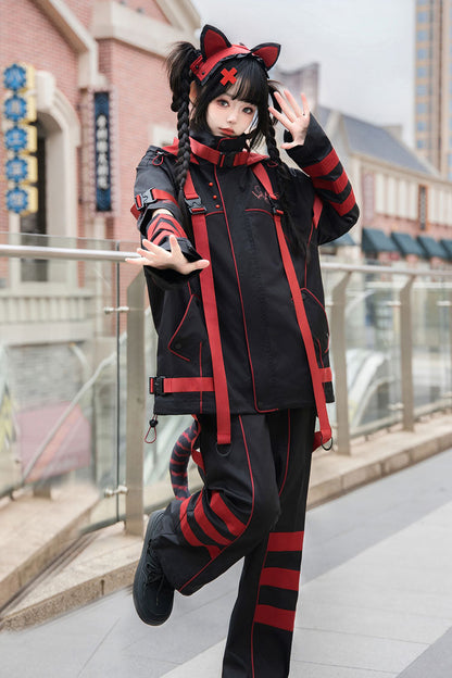 Black/Red Long Sleeves Print Cat Ears Hooded Jirai Kei Handsome Coat