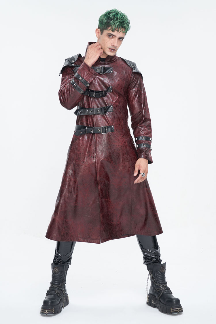Red Stand Collar Multi Buckle Faux Long Leather Men's Punk Coat