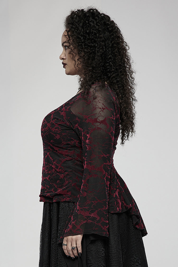 Red V Neck Stretch Mesh Fabric Abstract Pattern Design Flared Cuffs Women's Plus Size Gothic T-Shirt
