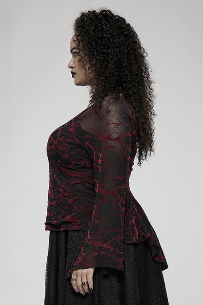 Red V Neck Stretch Mesh Fabric Abstract Pattern Design Flared Cuffs Women's Plus Size Gothic T-Shirt