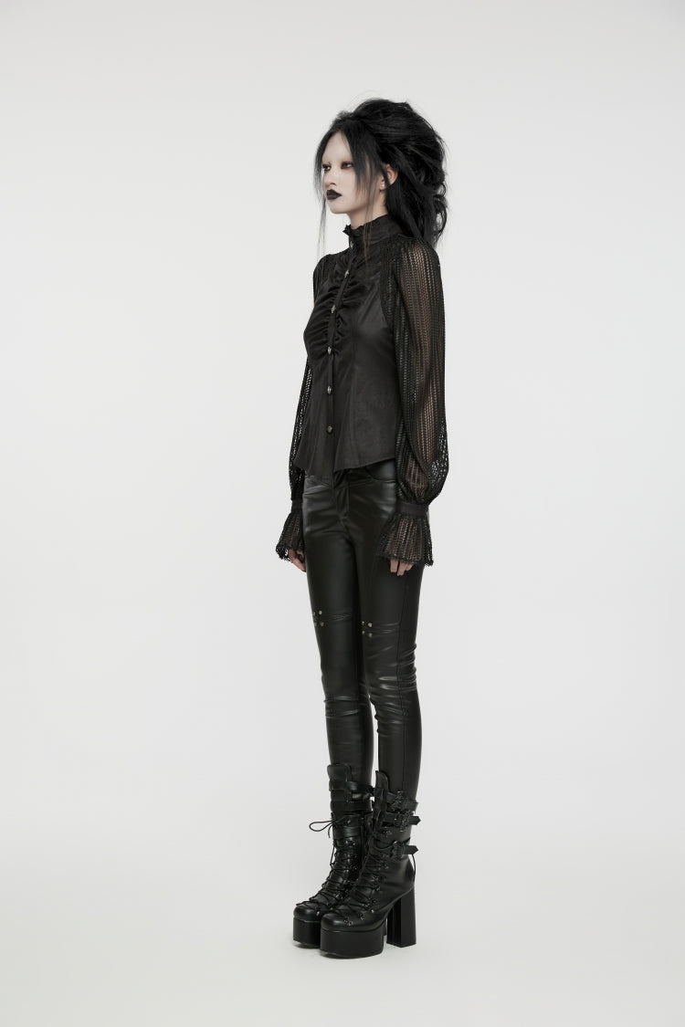 Black Stand Collar Stitching Mesh Women's Punk Blouse