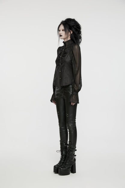 Black Stand Collar Stitching Mesh Women's Punk Blouse