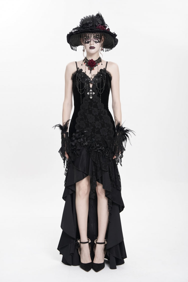 Black Sleeveless Cross Ruffled Floral Embroidered Chain-Decorated Women's Gothic Long Slip Dress
