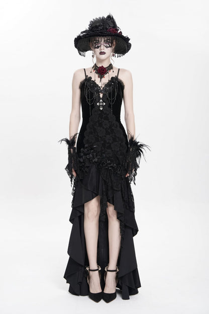 Black Sleeveless Cross Ruffled Floral Embroidered Chain-Decorated Women's Gothic Long Slip Dress