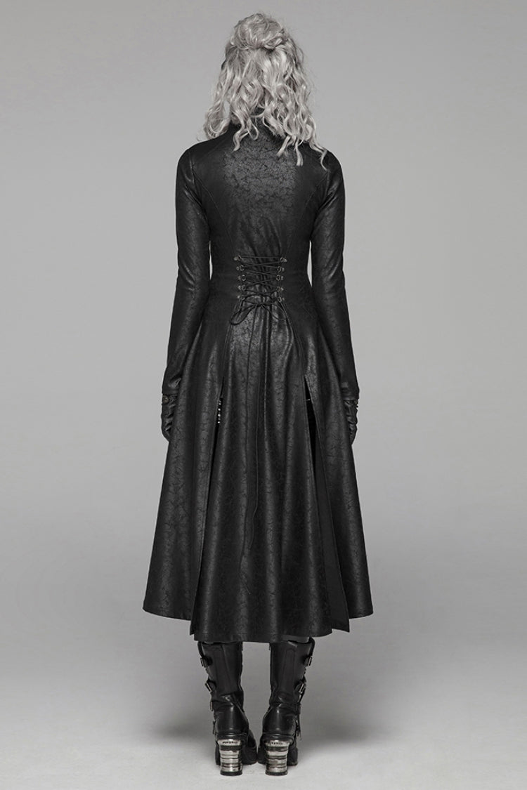 Black Stand Collar Long Sleeves Metal Ring Woven Strap Womens Gothic Long Coat
