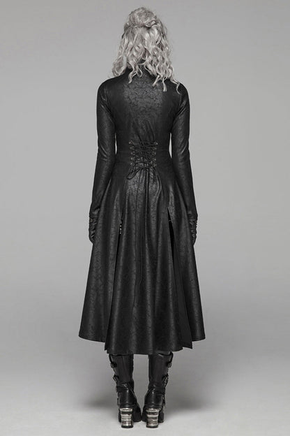 Black Stand Collar Long Sleeves Metal Ring Woven Strap Womens Gothic Long Coat