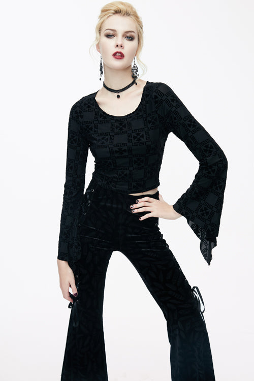 Black Sexy Pattern Comfortable Horn Sleeves Velvet Womens Gothic T-Shirt
