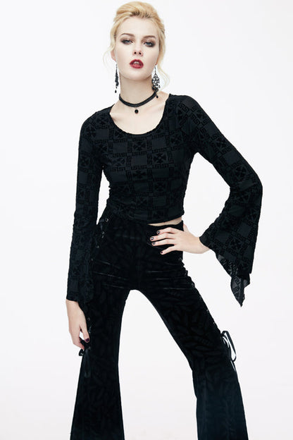 Black Sexy Pattern Comfortable Horn Sleeves Velvet Womens Gothic T-Shirt