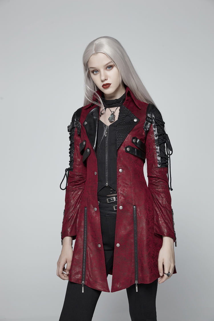 Red Metal Buckle Decoration Zipper Womens Steampunk Windbreaker Coat